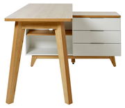 Moderner Eck-Schreibtisch aus Holz mit weißen Schubladen, Vorderansicht