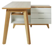 Moderner Eck-Schreibtisch aus Holz mit weißen Schubladen, Vorderansicht