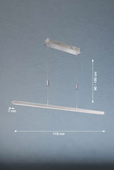 Moderne Pendelleuchte Vitan TW in seitlicher Perspektive, 115 cm lang, 7 cm breit, höhenverstellbar von 90 bis 150 cm.