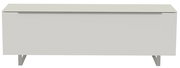 Frontansicht eines modernen, weißen TV-Lowboards mit minimalistischen Metallbeinen.