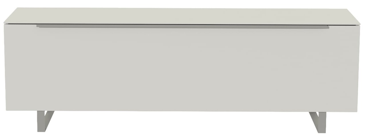 Frontansicht eines modernen, weißen TV-Lowboards mit minimalistischen Metallbeinen.