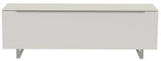 Frontansicht eines modernen, weißen TV-Lowboards mit minimalistischen Metallbeinen.