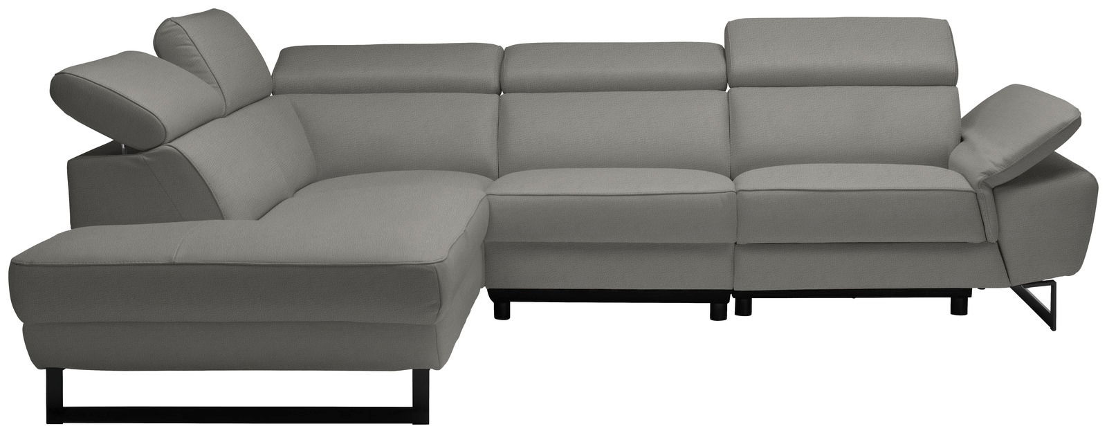 Graues Ecksofa mit verstellbaren Kopfstützen, moderne Metallfüße, Perspektive von vorne links