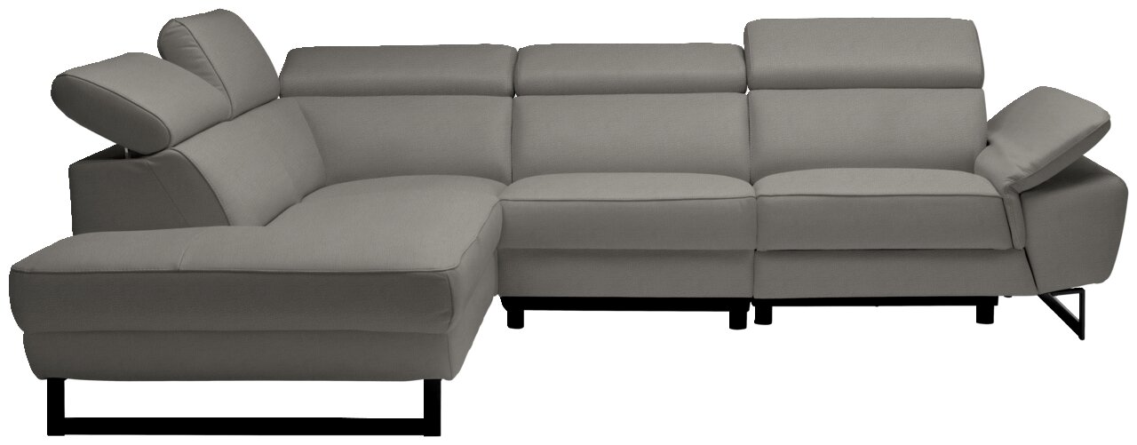 Graues Ecksofa mit verstellbaren Kopfstützen, moderne Metallfüße, Perspektive von vorne links