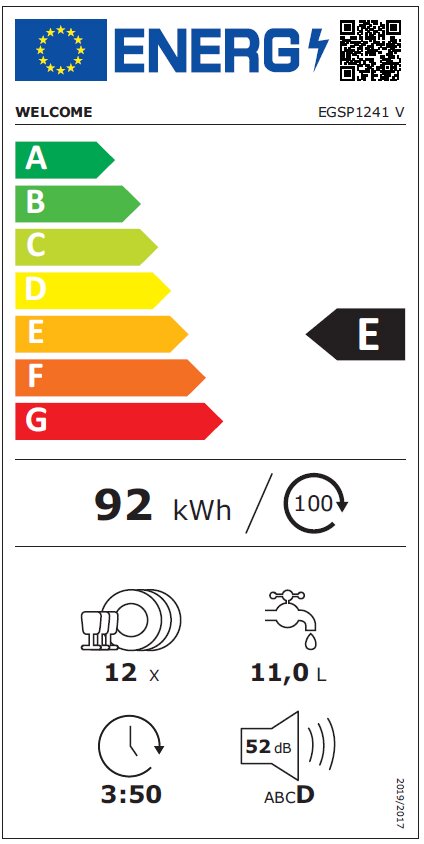 Energieeffizienzlabel für Geschirrspüler mit Energieklasse E, 92 kWh Energieverbrauch pro 100 Zyklen, 12 Maßgedecke, 11,0 Liter Wasserverbrauch, 3:50 Stunden Laufzeit, 52 dB Lautstärke. Frontalansicht.