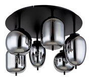 Moderne Deckenleuchte mit fünf rauchgrauen Glaskugeln, Ansicht von unten.