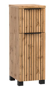 Moderner Unterschrank aus Holz mit vertikalen schwarzen Linien und zwei Schubladen, perspektivisch von vorne rechts betrachtet.
