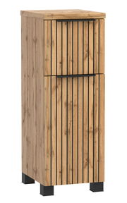 Moderner Unterschrank aus Holz mit vertikalen schwarzen Linien und zwei Schubladen, perspektivisch von vorne rechts betrachtet.