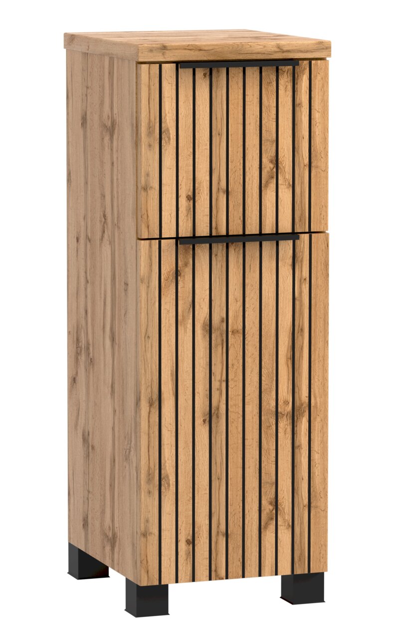 XORA Unterschrank LIVERPOOL Moderner Unterschrank aus Holz mit vertikalen schwarzen Linien und zwei Schubladen, perspektivisch von vorne rechts betrachtet.