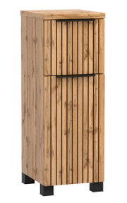 Moderner Unterschrank aus Holz mit vertikalen schwarzen Linien und zwei Schubladen, perspektivisch von vorne rechts betrachtet.