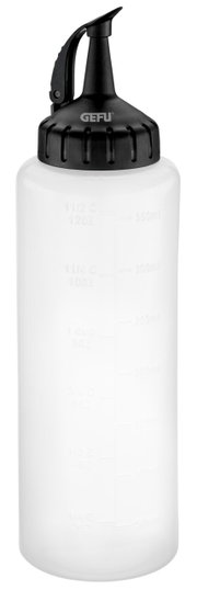 Transparente Dosierflasche mit schwarzem Deckel und Skala, 350 ml, seitliche Ansicht