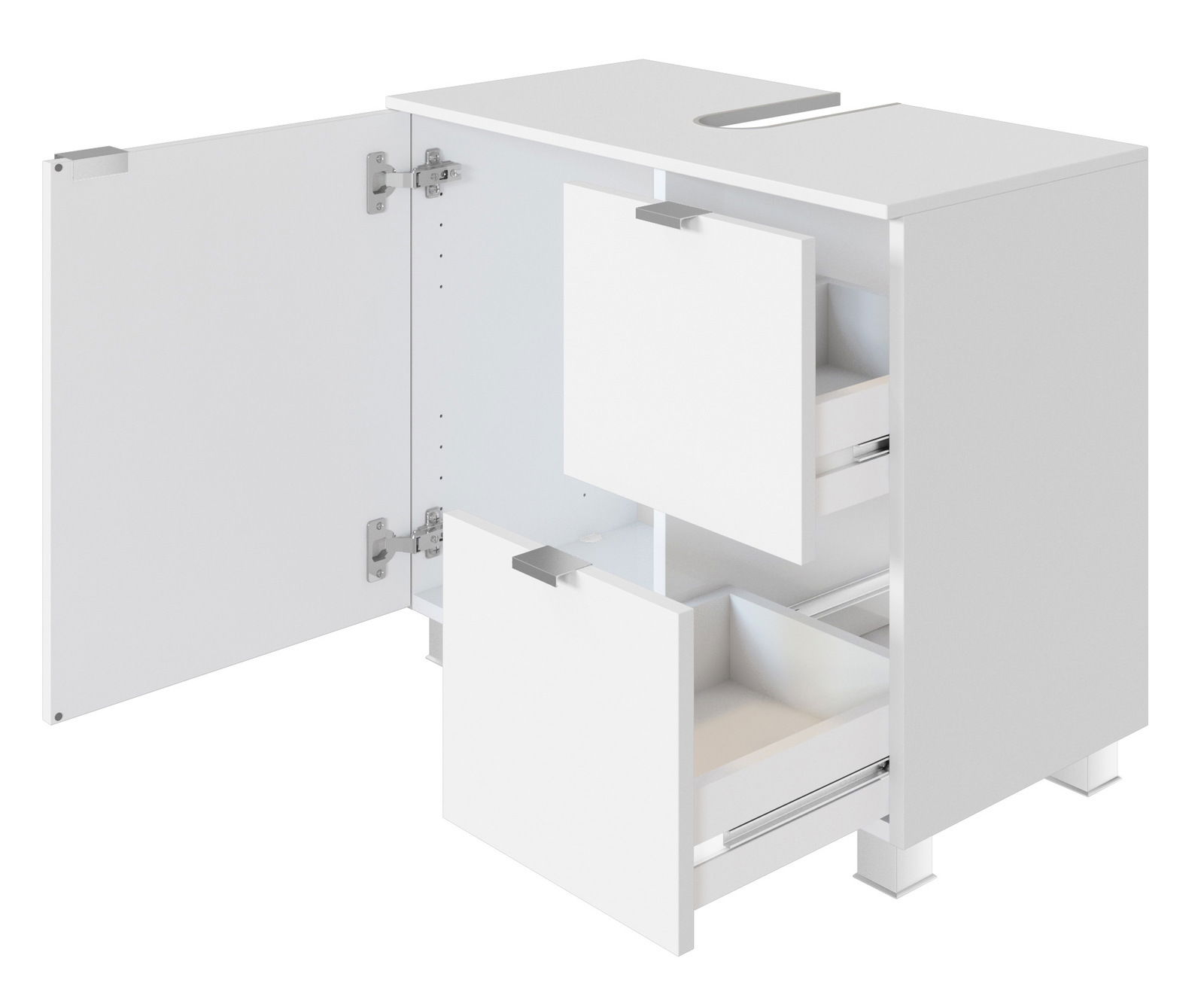 Weißer Waschbeckenunterschrank mit zwei Schubladen und einer Tür, geöffnet, Perspektive von vorne rechts