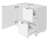 Weißer Waschbeckenunterschrank mit zwei Schubladen und einer Tür, geöffnet, Perspektive von vorne rechts