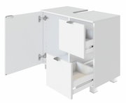 Weißer Waschbeckenunterschrank mit zwei Schubladen und einer Tür, geöffnet, Perspektive von vorne rechts