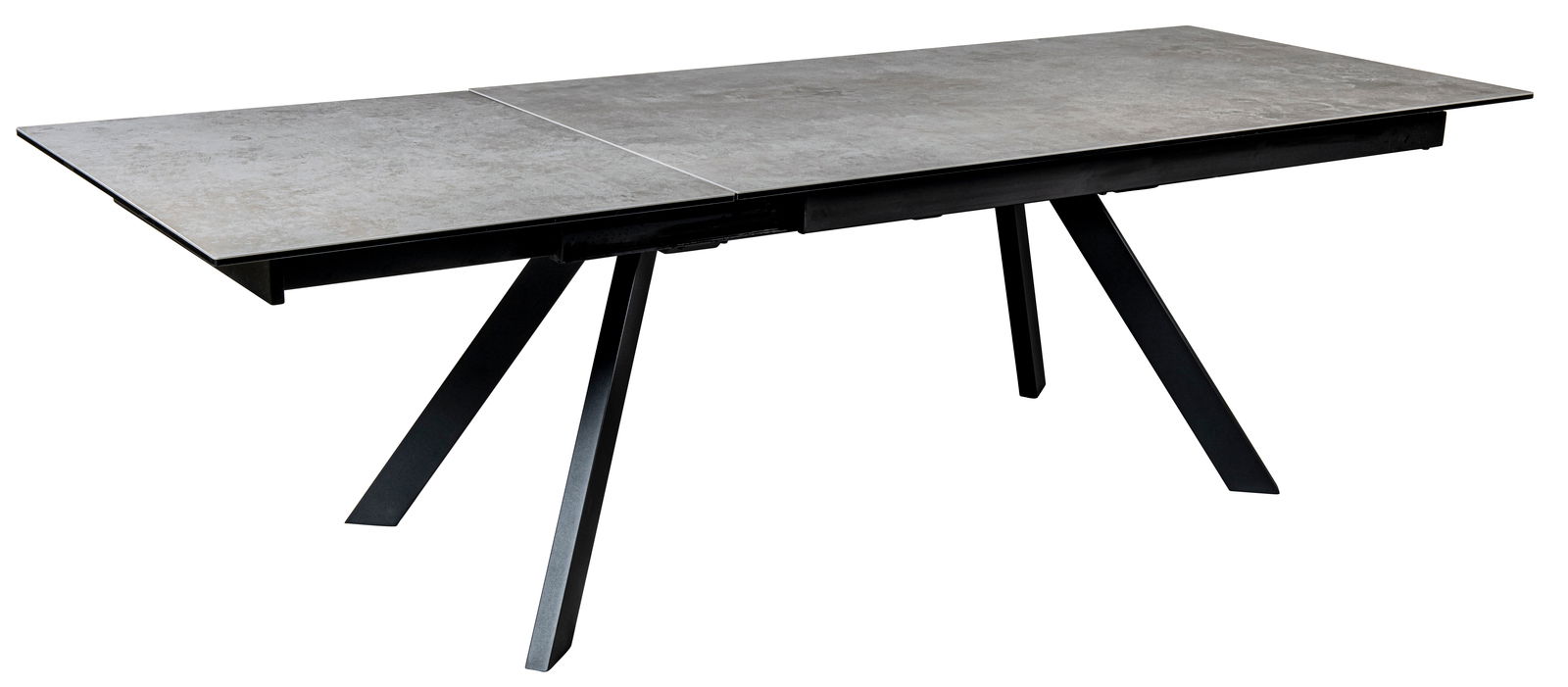 Moderner Esstisch mit grauer Tischplatte und schwarzen, schrägen Beinen, seitliche Perspektive