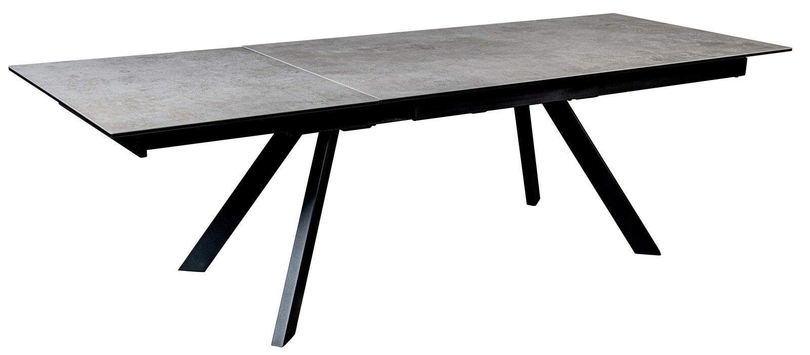 Moderner Esstisch mit grauer Tischplatte und schwarzen, schrägen Beinen, seitliche Perspektive