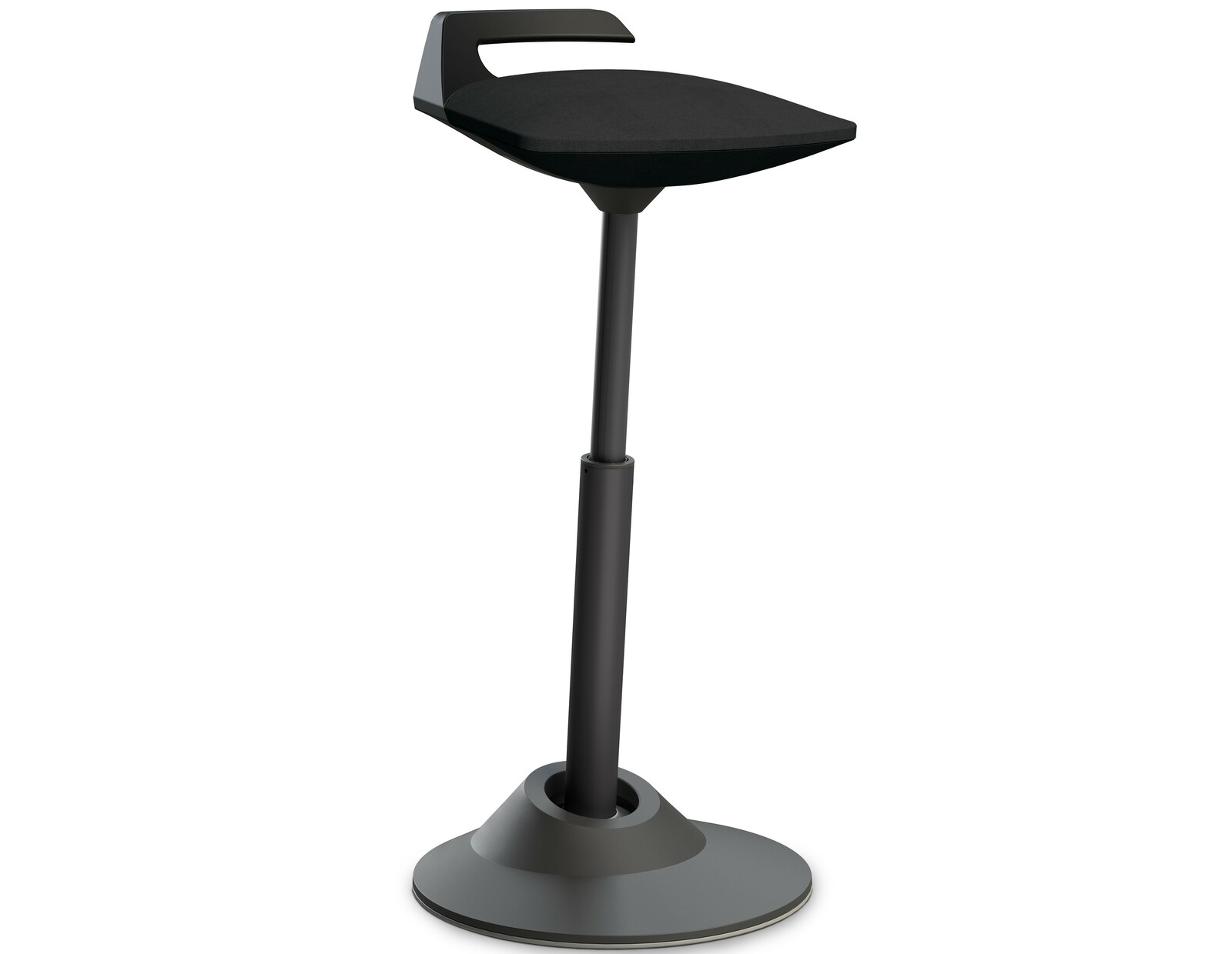 Aeris Sitz-/Stehhilfe MUVMAN Ergonomische Sitz-Stehhilfe Aeris Muvman in seitlicher Perspektive, mit schwarzem Sitz und verstellbarem Standfuß.