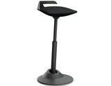 Ergonomische Sitz-Stehhilfe Aeris Muvman in seitlicher Perspektive, mit schwarzem Sitz und verstellbarem Standfuß.