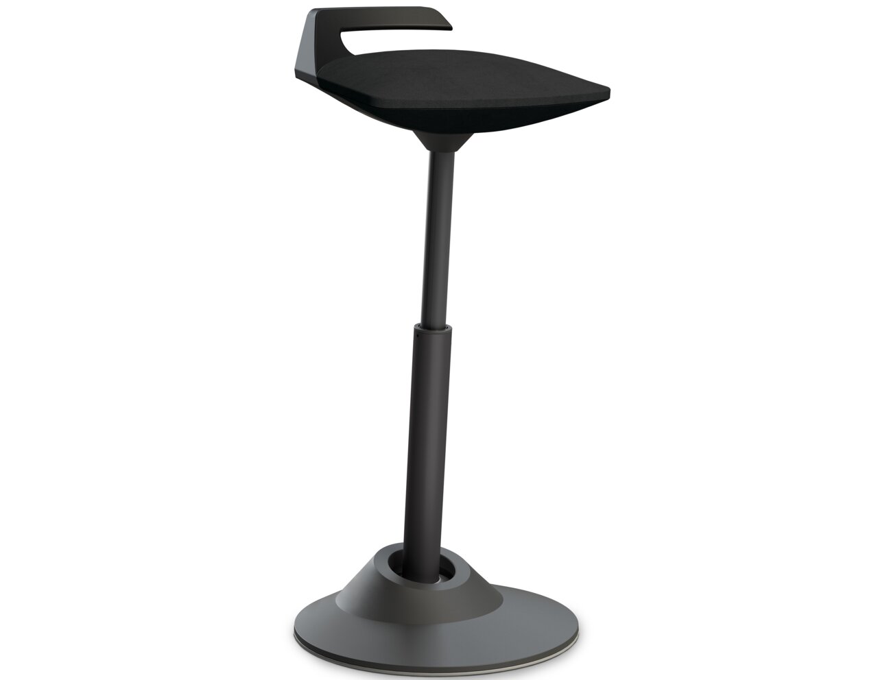 Ergonomische Sitz-Stehhilfe Aeris Muvman in seitlicher Perspektive, mit schwarzem Sitz und verstellbarem Standfuß.