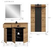 Garderoben-Set in Holzoptik mit schwarzer Rückwand, bestehend aus Schuhschrank und Wandpaneel mit Ablage und Haken, mit Maßangaben; Frontansicht.