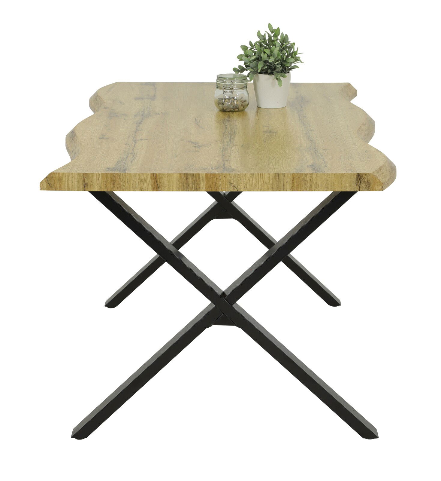 Esstisch mit Holzplatte und schwarzen Metallbeinen, seitliche Perspektive