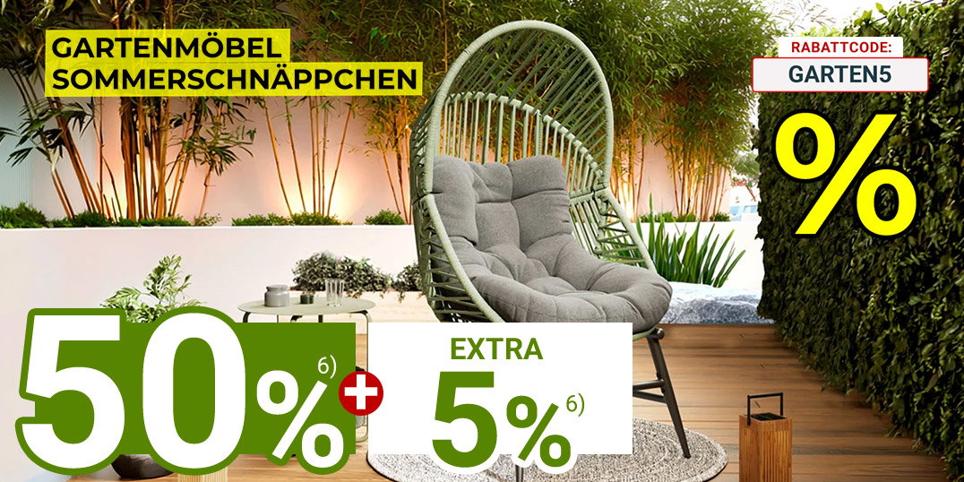 Gartenmöbel-Sommerschnäppchen: 50 % Rabatt plus 5 % extra mit Code GARTEN5 auf Loungesessel.