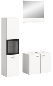 Moderne Badkombination BOSTON in Weiß mit Spiegelschrank, hohem Schrank mit Glaseinsatz und zwei Unterschränken, frontal abgebildet.