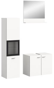 Moderne Badkombination BOSTON in Weiß mit Spiegelschrank, hohem Schrank mit Glaseinsatz und zwei Unterschränken, frontal abgebildet.