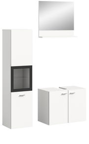 Moderne Badkombination BOSTON in Weiß mit Spiegelschrank, hohem Schrank mit Glaseinsatz und zwei Unterschränken, frontal abgebildet.