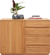 Holzkommode mit einer Tür und drei Schubladen, dekoriert mit einer Pflanze und Büchern, Frontalansicht