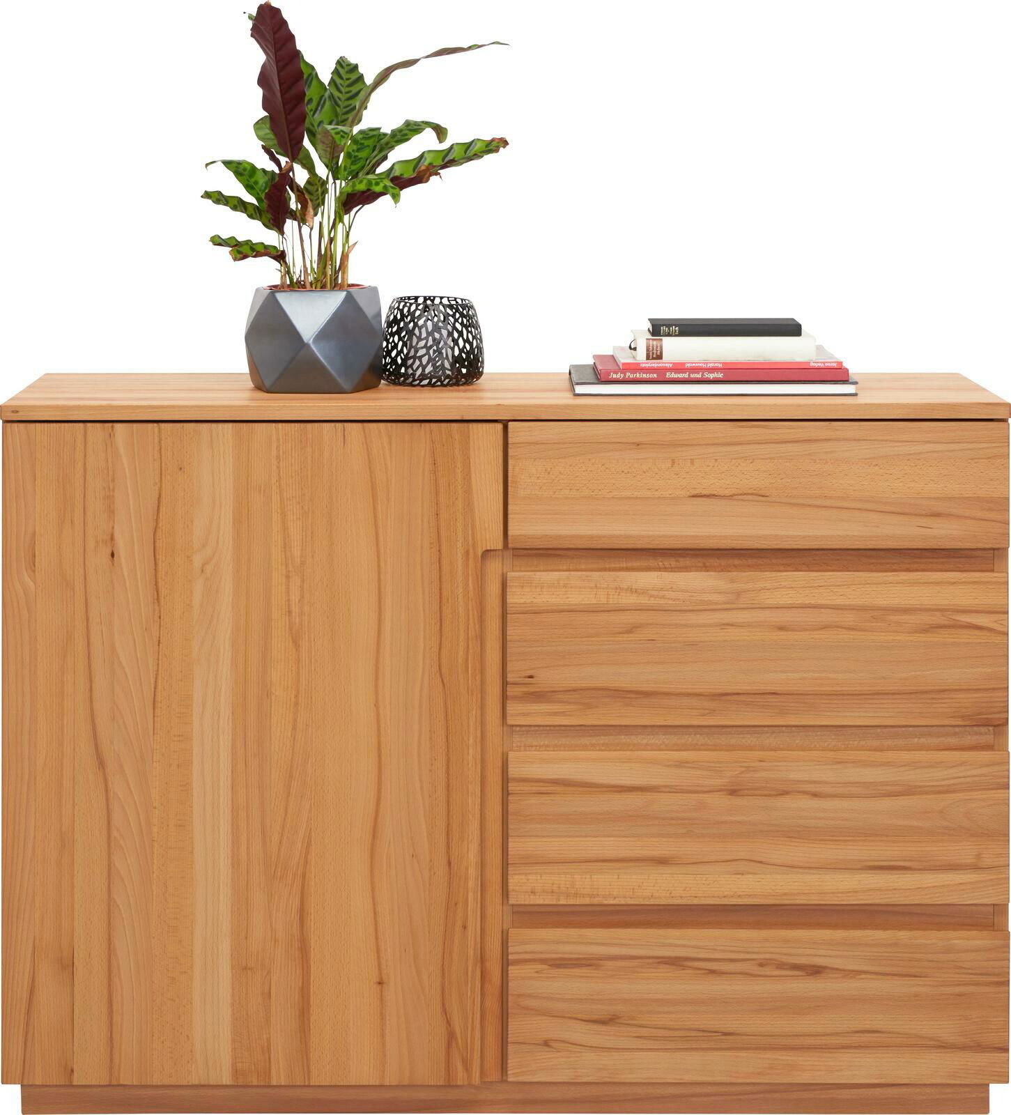 Holzkommode mit einer Tür und drei Schubladen, dekoriert mit einer Pflanze und Büchern, Frontalansicht