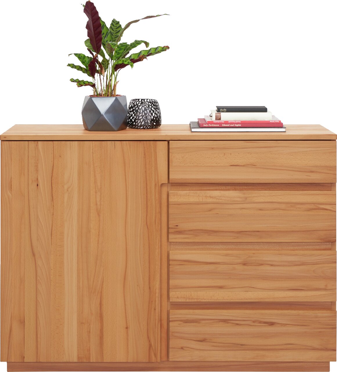 Holzkommode mit einer Tür und drei Schubladen, dekoriert mit einer Pflanze und Büchern, Frontalansicht