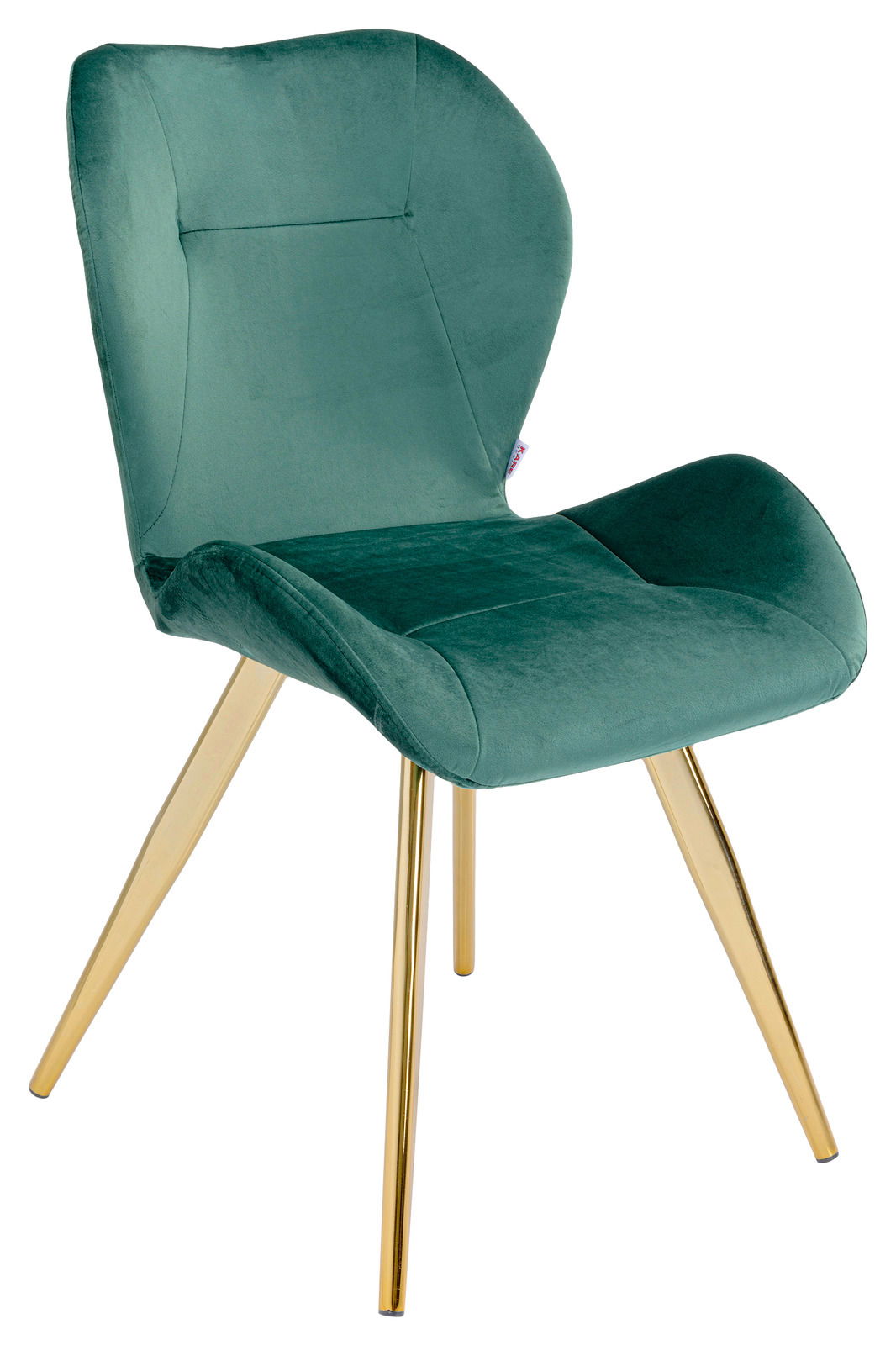 Grüner Samtstuhl mit goldenen Beinen, seitliche Perspektive