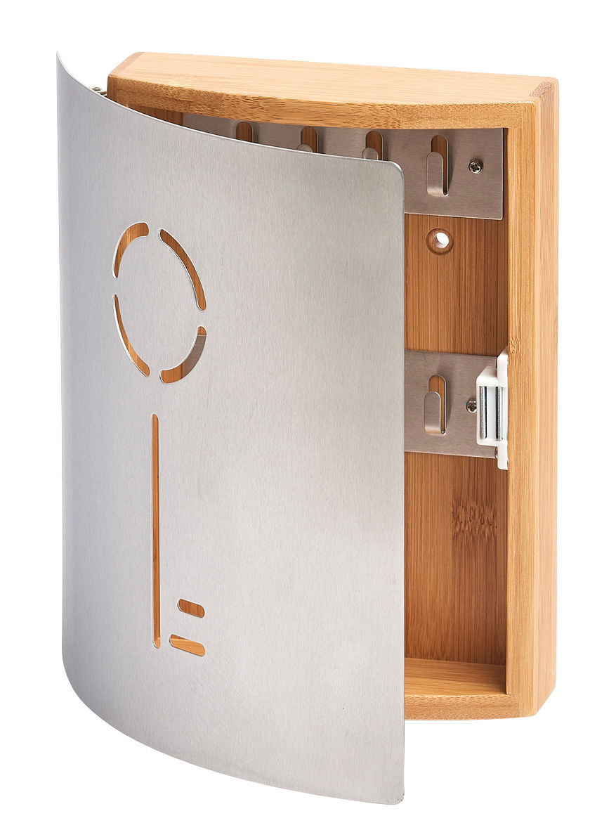 Zeller Present Schlüsselkasten Moderner Schlüsselkasten aus Holz und Metall mit geöffneter Tür, seitliche Perspektive
