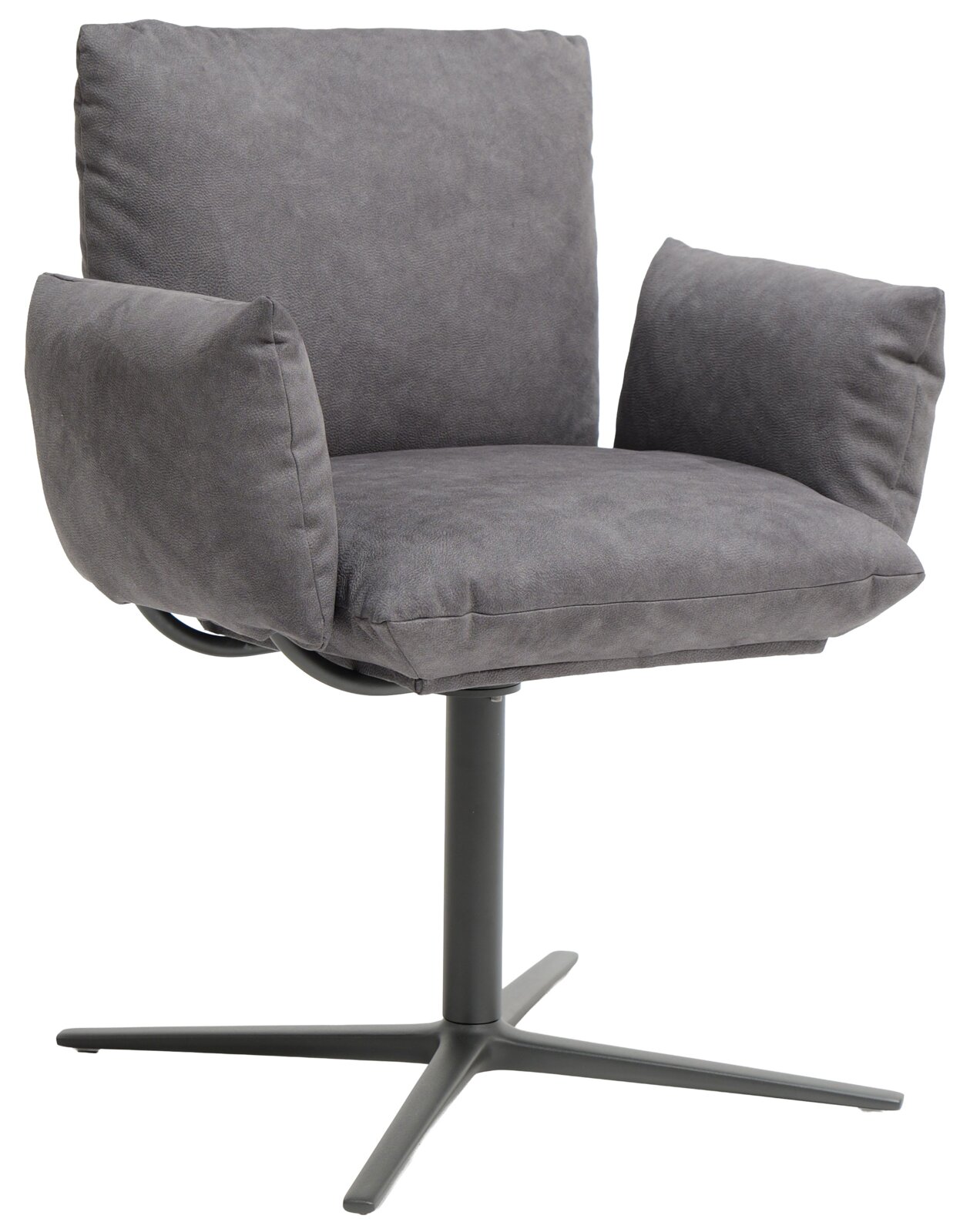 Grauer Armlehnstuhl mit gepolsterten Kissen und schwarzem Metallfuß, seitliche Perspektive
