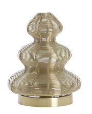 Goldene Tischleuchte in Form eines stilisierten Weihnachtsbaums, aus Metallstreben gefertigt, frontal abgebildet.