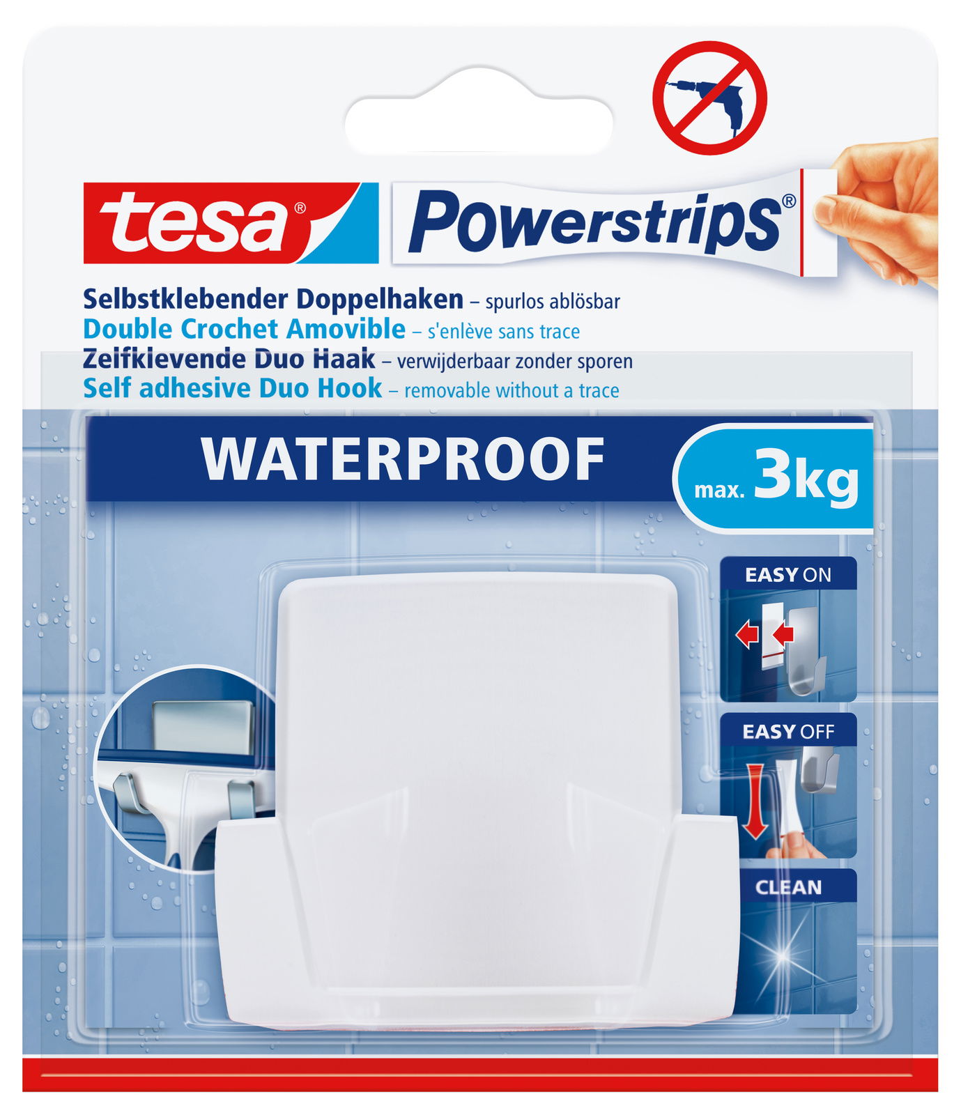 Verpackung des tesa Powerstrips Waterproof selbstklebenden Doppelhakens, geeignet für bis zu 3 kg, in Frontalansicht.