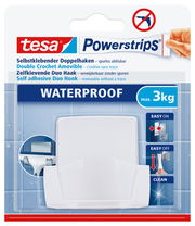 Verpackung des tesa Powerstrips Waterproof selbstklebenden Doppelhakens, geeignet für bis zu 3 kg, in Frontalansicht.