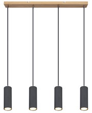 Moderne Hängeleuchte mit vier zylindrischen Lampenschirmen in Schwarz, aufgehängt an einem rechteckigen Holzbalken. Frontale Ansicht.
