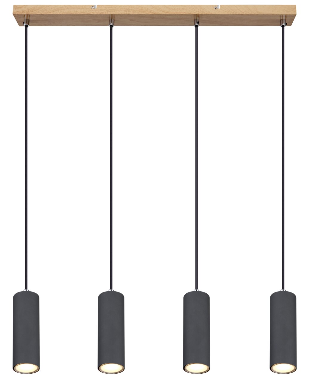Moderne Hängeleuchte mit vier zylindrischen Lampenschirmen in Schwarz, aufgehängt an einem rechteckigen Holzbalken. Frontale Ansicht.