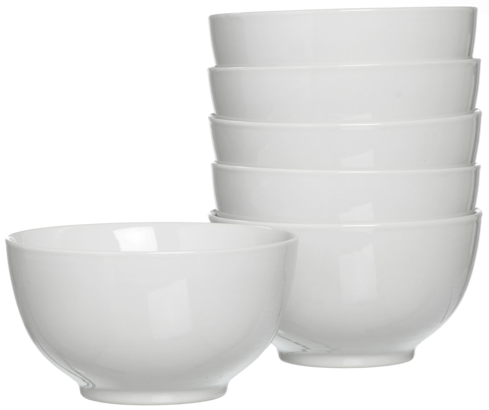 Sechs weiße Müslischalen, gestapelt, mit einer Schale im Vordergrund, seitliche Perspektive