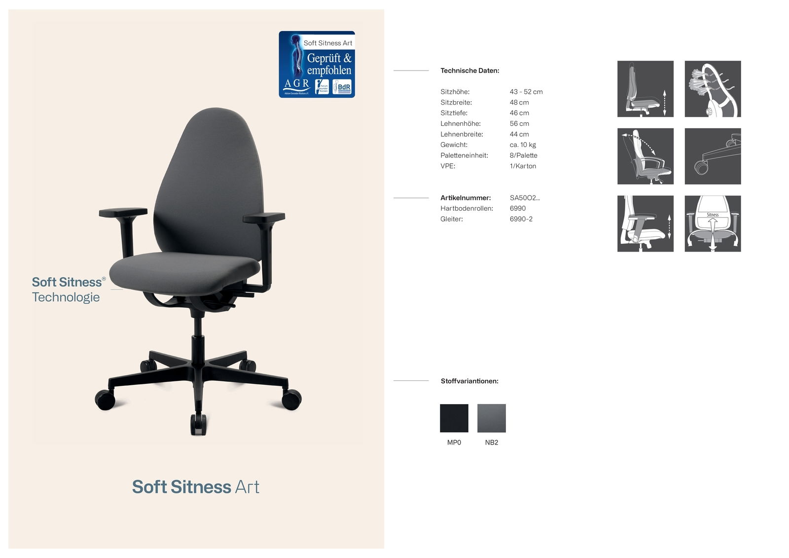 Ergonomischer Bürostuhl mit Soft Sitness Technologie, grauer Stoffbezug, verstellbare Armlehnen, auf Rollen, seitliche Perspektive.