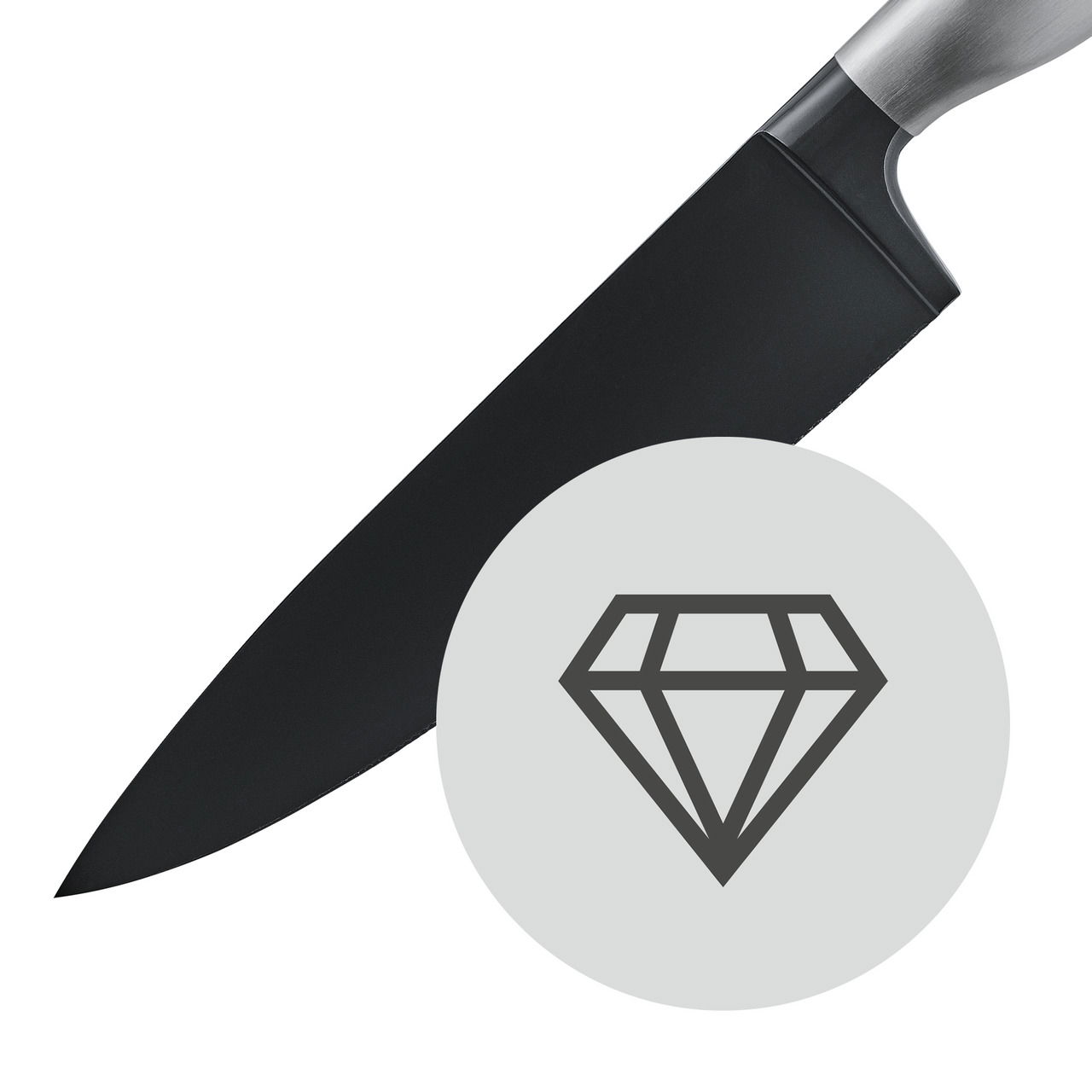 Schwarzes Messer aus dem Asien Messer-Set Ultimate Black, seitliche Perspektive mit Diamantsymbol.