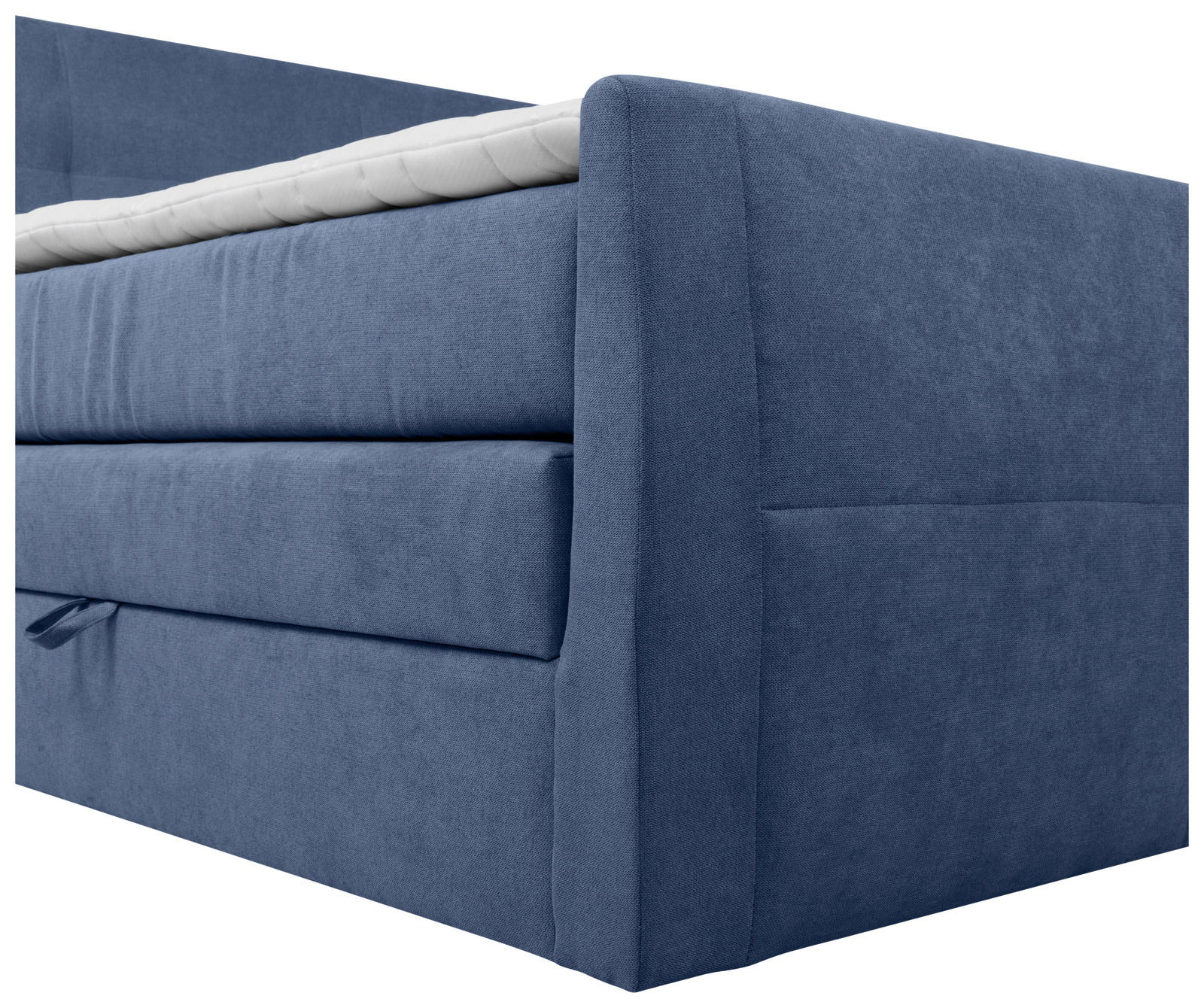 Nahaufnahme eines blauen Boxspringbetts von der Seite, mit sichtbarer Matratze und Stoffbezug.