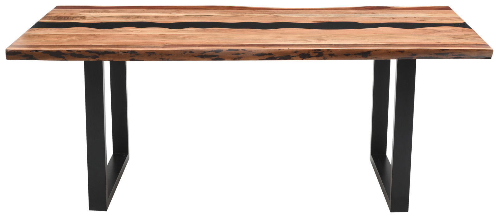 Moderner Esstisch aus Holz mit schwarzem Metallgestell, Frontalansicht