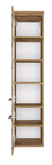 Offener Midischrank aus Holz mit fünf Regalböden, seitliche Perspektive