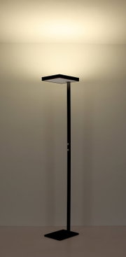 Schwarze, minimalistische LED-Stehleuchte mit quadratischem Leuchtenkopf und schlankem Stab auf quadratischem Standfuß, frontal in leichter Untersicht fotografiert, warmes indirektes Licht nach oben an die Wand.
