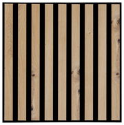 Dekoratives Paneel mit vertikalen Holzlatten auf schwarzem Hintergrund, Vorderansicht