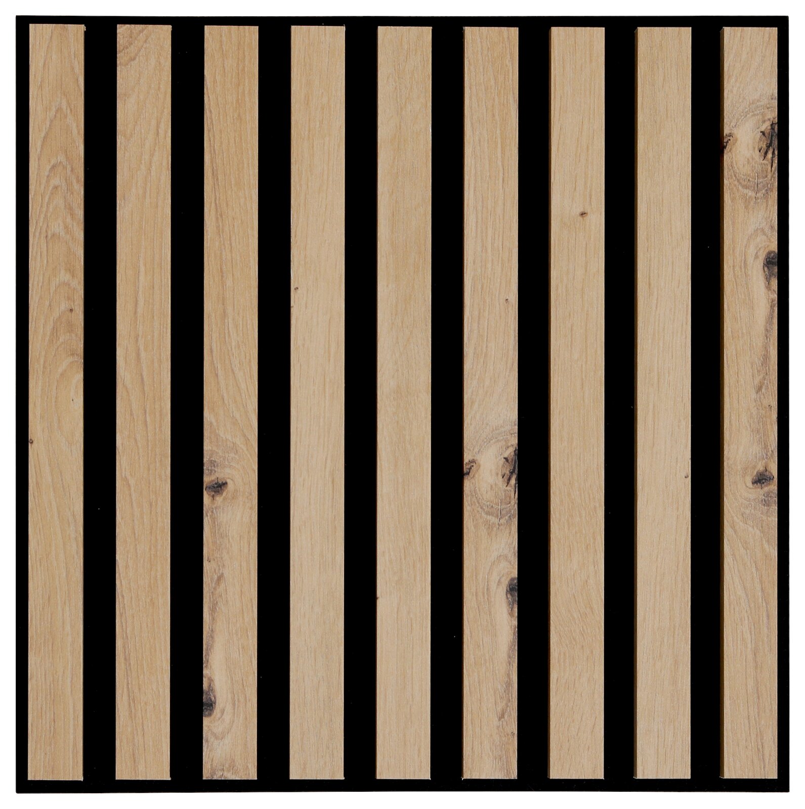 Dekoratives Paneel mit vertikalen Holzlatten auf schwarzem Hintergrund, Vorderansicht