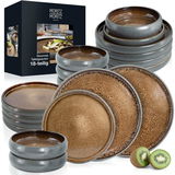 18-teiliges Tafelservice in Beige mit modernen, runden Tellern und Schalen, präsentiert aus einer leicht erhöhten Perspektive.